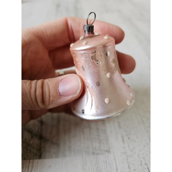 Vintage glass flocked bell beaded ornament mini Xmas pink tree - Picture 3 of 9